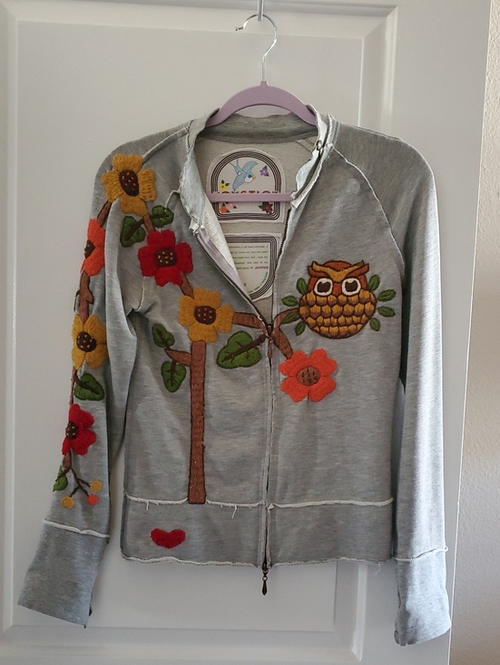 Joystick Sweaters - Joystick by Johnny Was Zip-Up Hoodie with Colorful Floral & Owl Appliqué Sz Sm